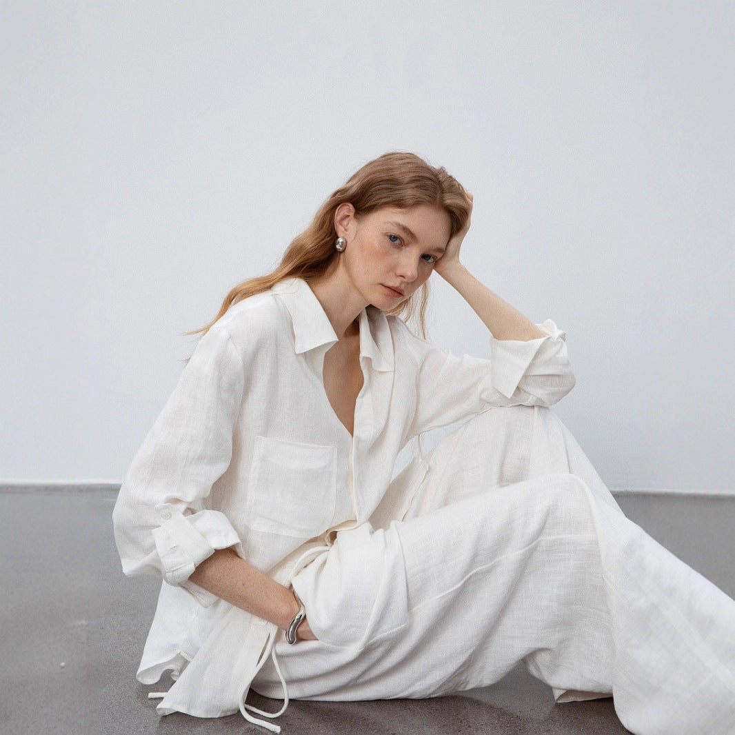 Linen Silhouette V-Neck Shirt Long Sleeve Shirt