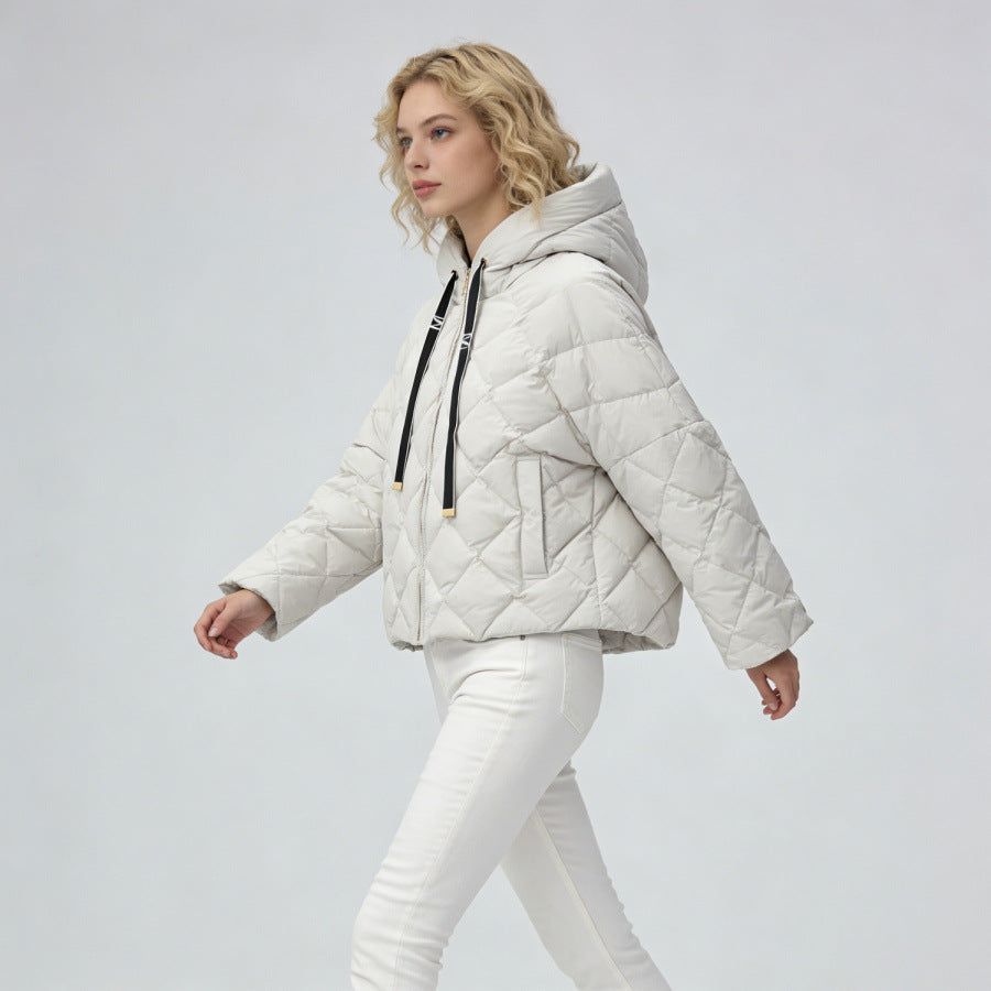 Hooded rhombus woven white duck down jacket
