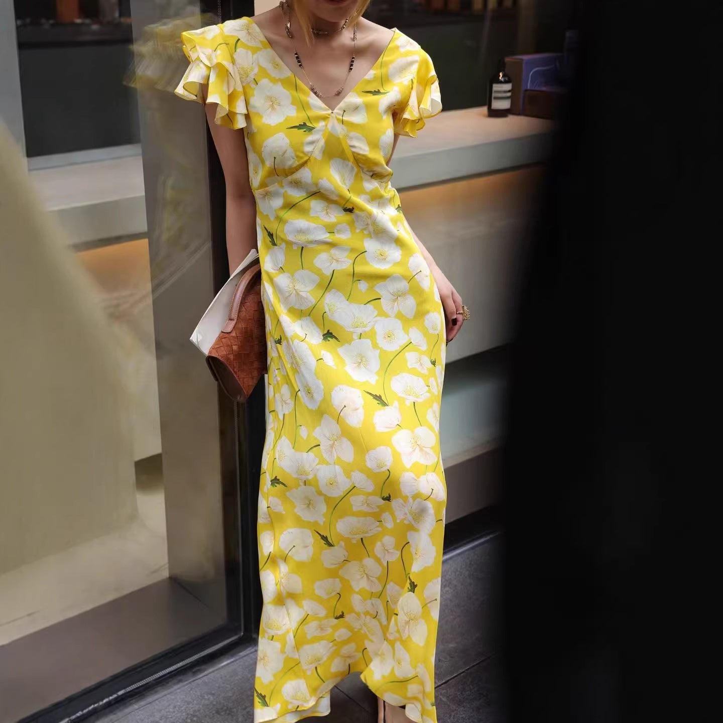 French V-neck silk print dress