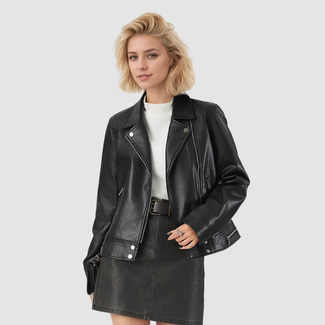 Leather jacket short lapel leather jacket