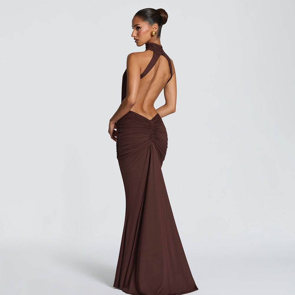 Solid color sexy slim-fit backless fishtail dress