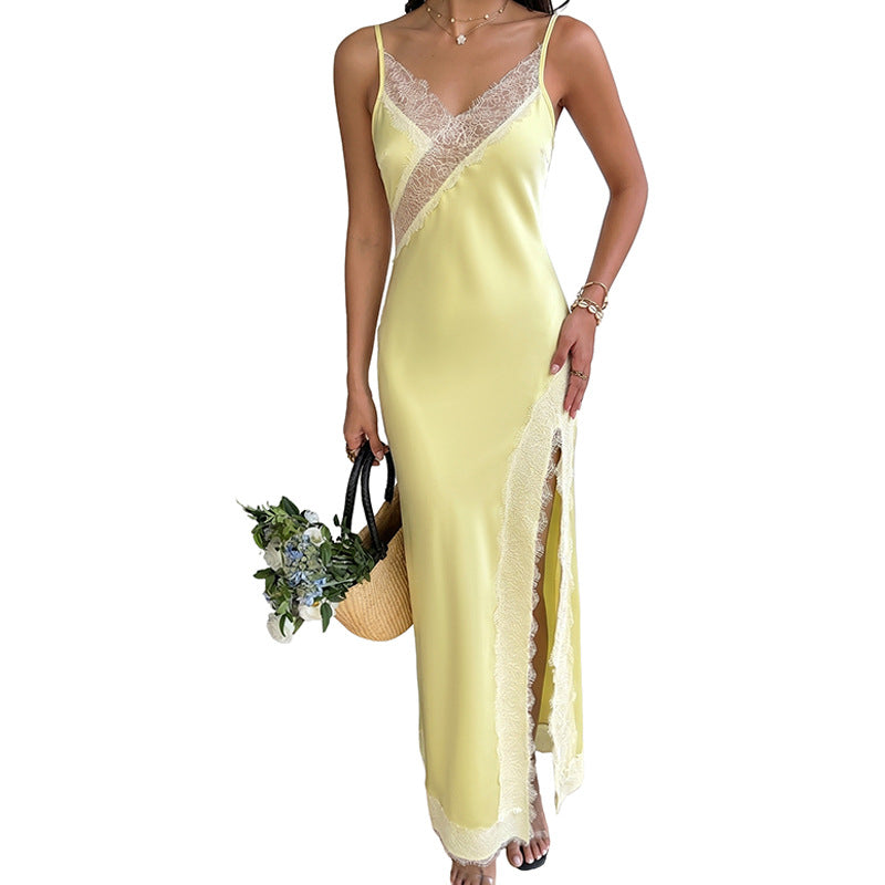 Lace stitching suspender dress
