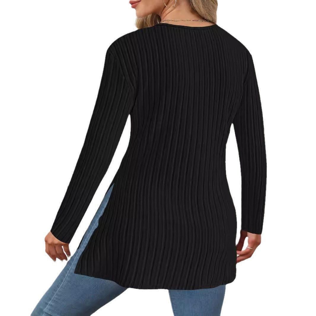 Long sleeved solid color V-neck casual home pit strip top