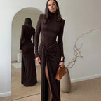High neck long sleeve splicing slim temperament solid color dress