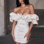 bandeau one-shoulder herringbone ruffled dress