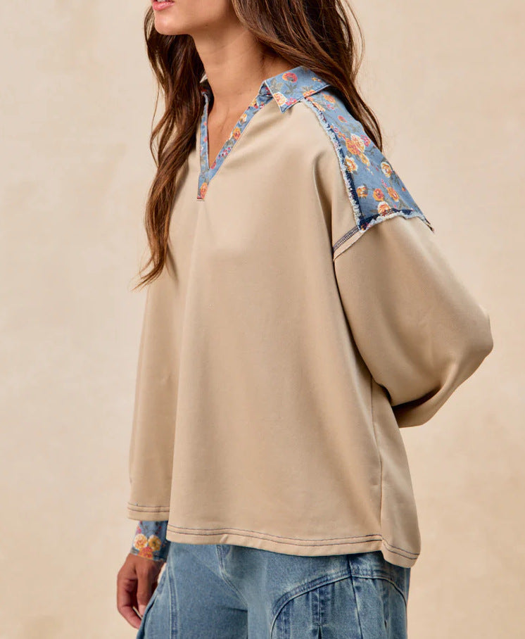 French Casual Loose Lapel Splicing Cloth Sweater Long Sleeve Top