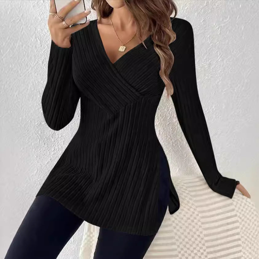 Long sleeved solid color V-neck casual home pit strip top