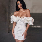 bandeau one-shoulder herringbone ruffled dress