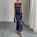 Slim print dress sleeveless step skirt