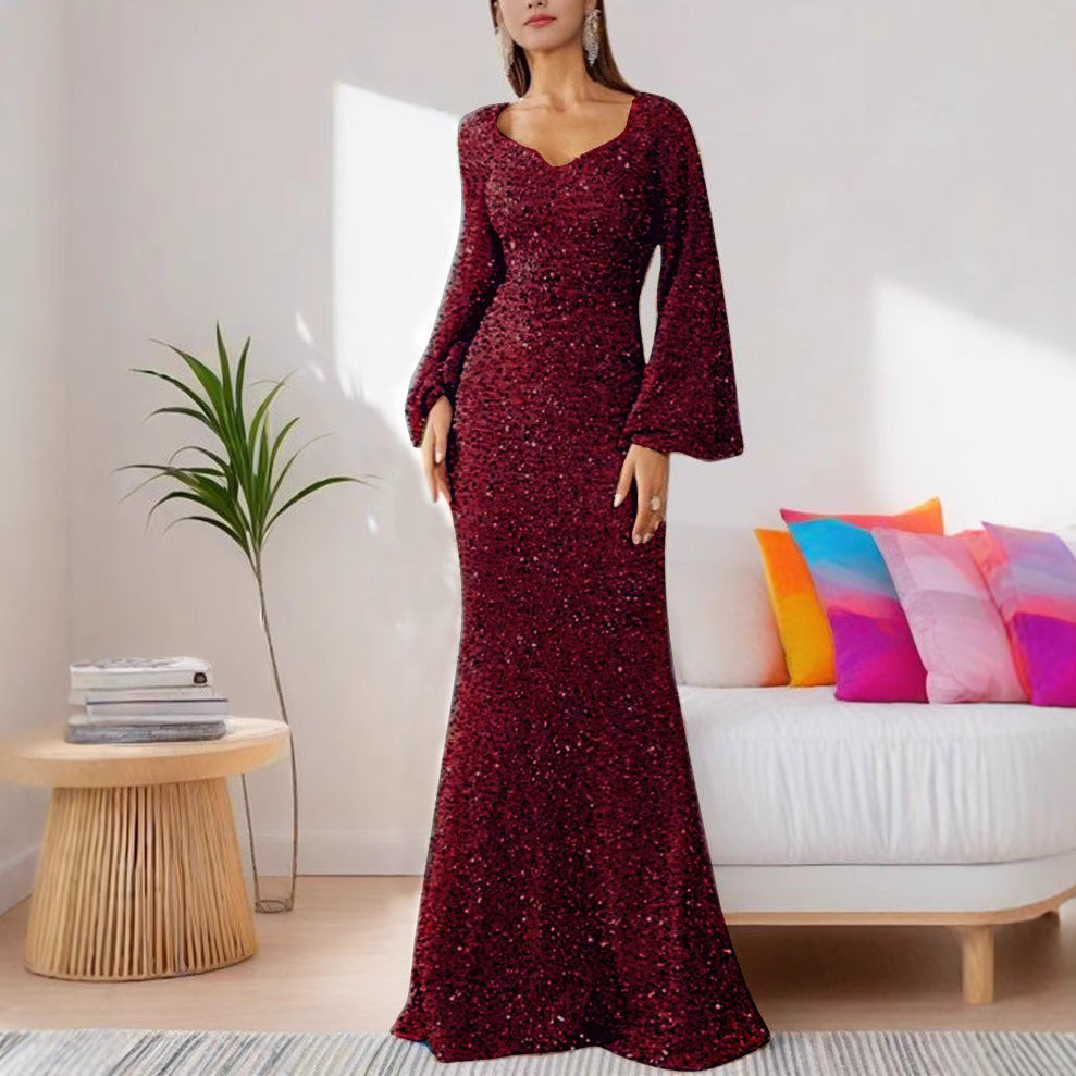 V-neck horn sleeve evening dress