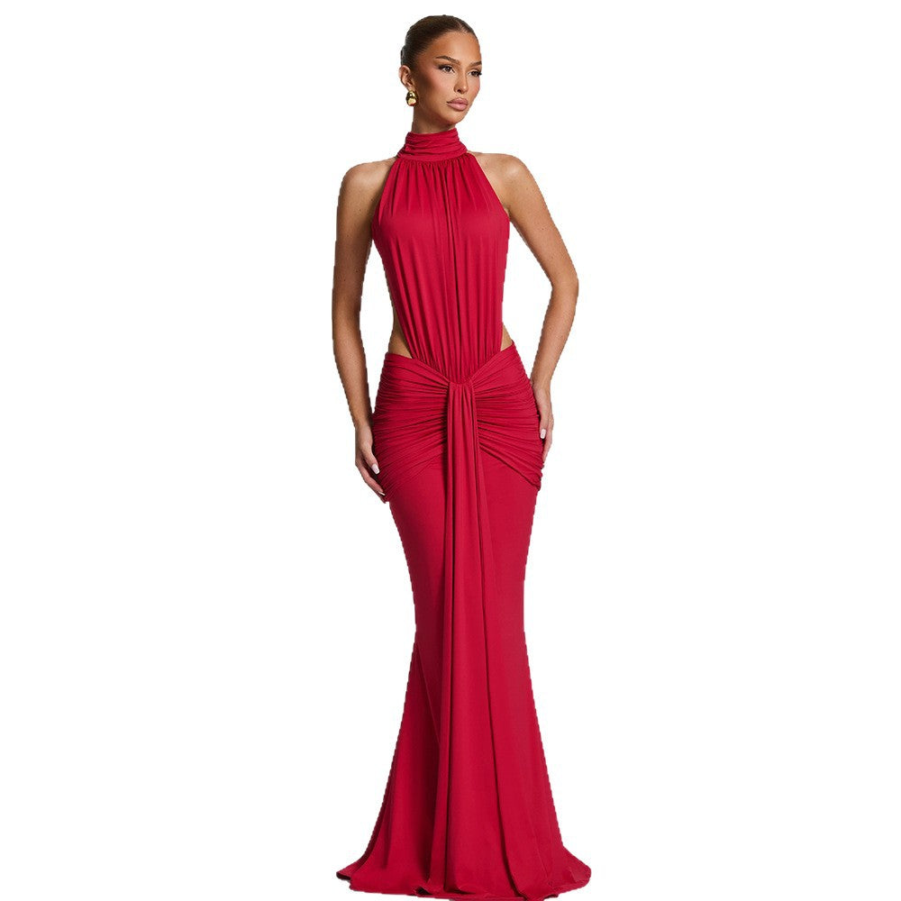 Solid color sexy slim-fit backless fishtail dress