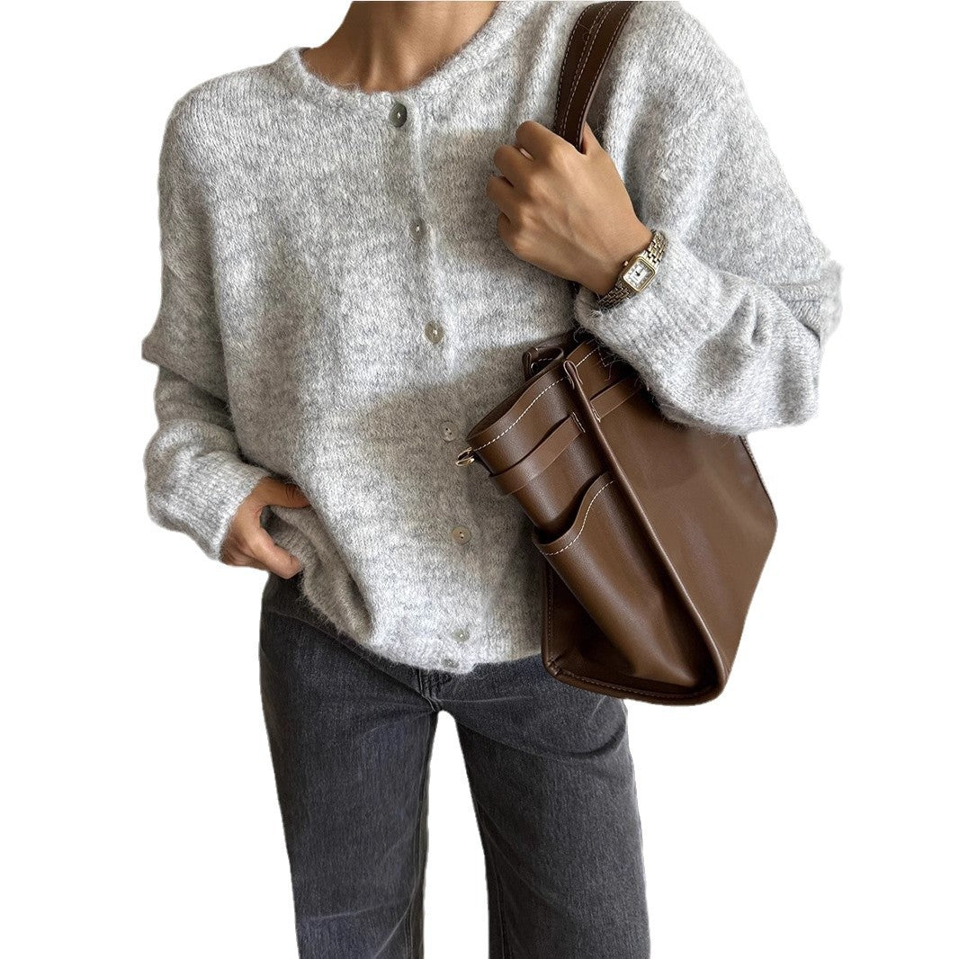 Vintage buckle grey wool knitted cardigan