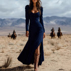 Vintage Western-style button-down pleated long sleeve sexy maxi skirt