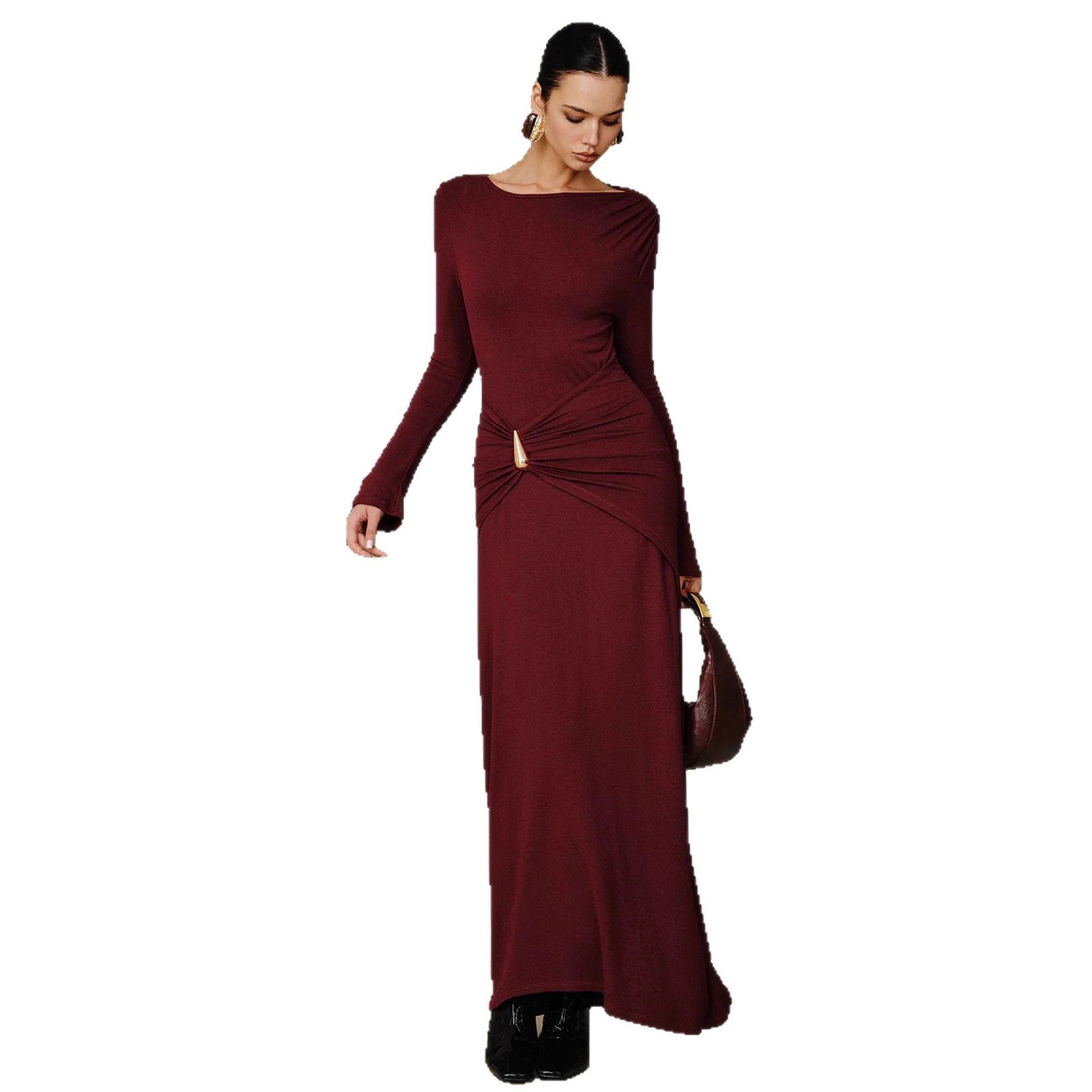 Burgundy Long Dress Metal Accessories Slim Fit Dress