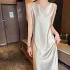 Crew neck silk suspender dress, acetate satin mid-length dress with silk inside