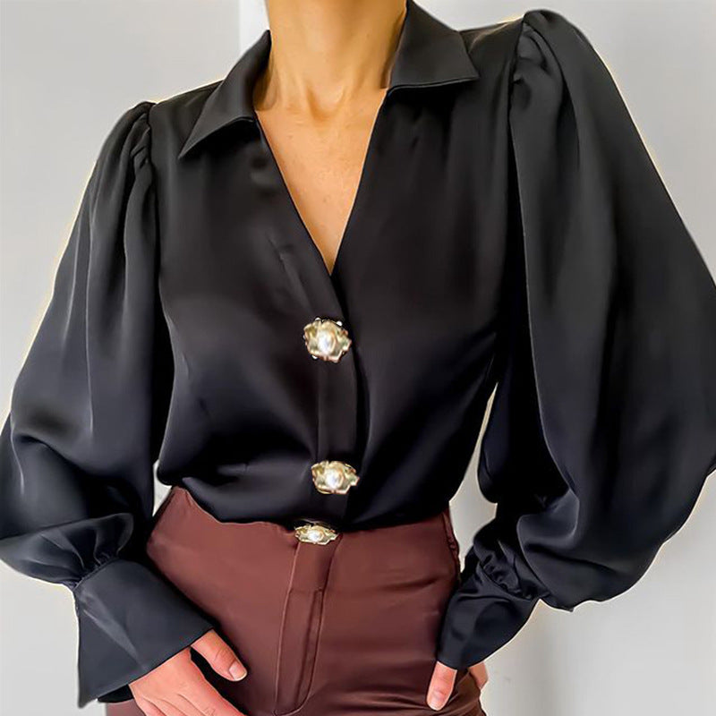 Lantern Sleeve Casual Loose Satin Blouse
