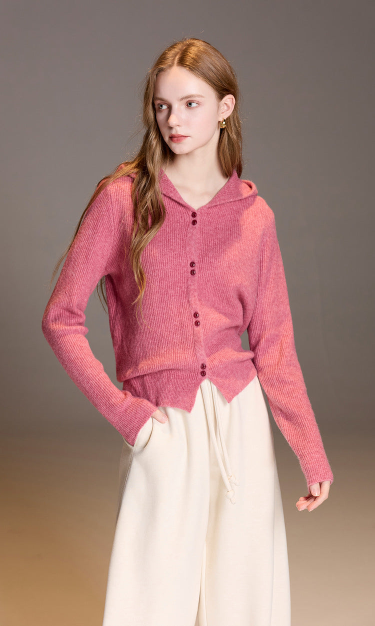 Hooded cardigan over wool jacket