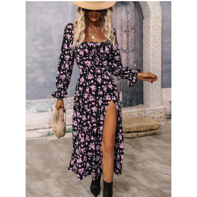 Printed long-sleeved square neckline dress with slit