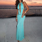 Sexy beautiful back deep V exposed navel solid color pleated splicing dress