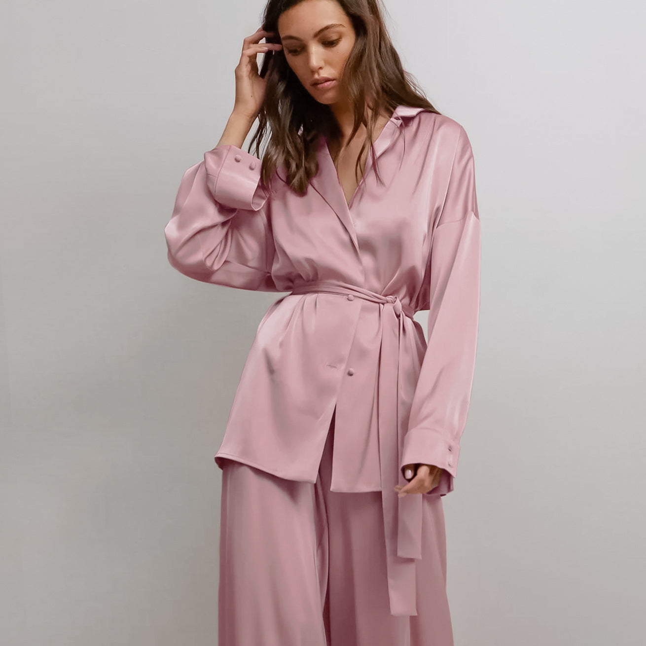 Simulation silk loose long-sleeved nightgown trousers pajama set