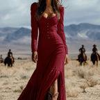 Vintage Western-style button-down pleated long sleeve sexy maxi skirt