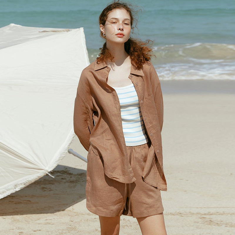 Hemp shirt women's European lapel sunscreen cardigan