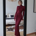 High neck long sleeve splicing slim temperament solid color dress