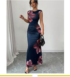 Slim print dress sleeveless step skirt