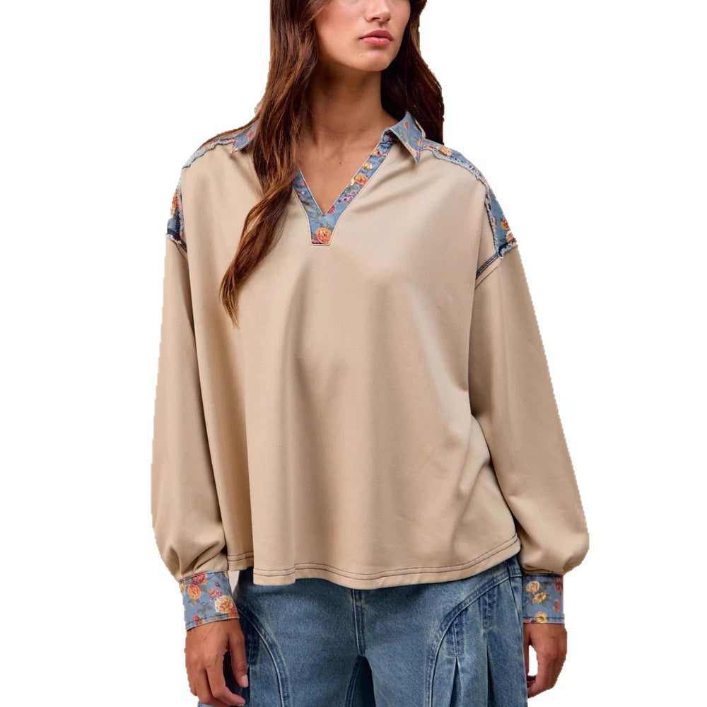 French Casual Loose Lapel Splicing Cloth Sweater Long Sleeve Top