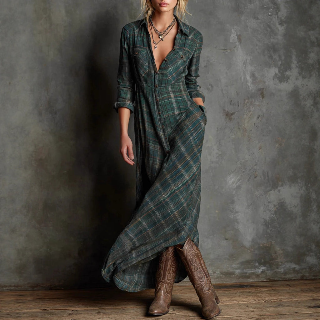 Elegant long-sleeved plaid shirt dress