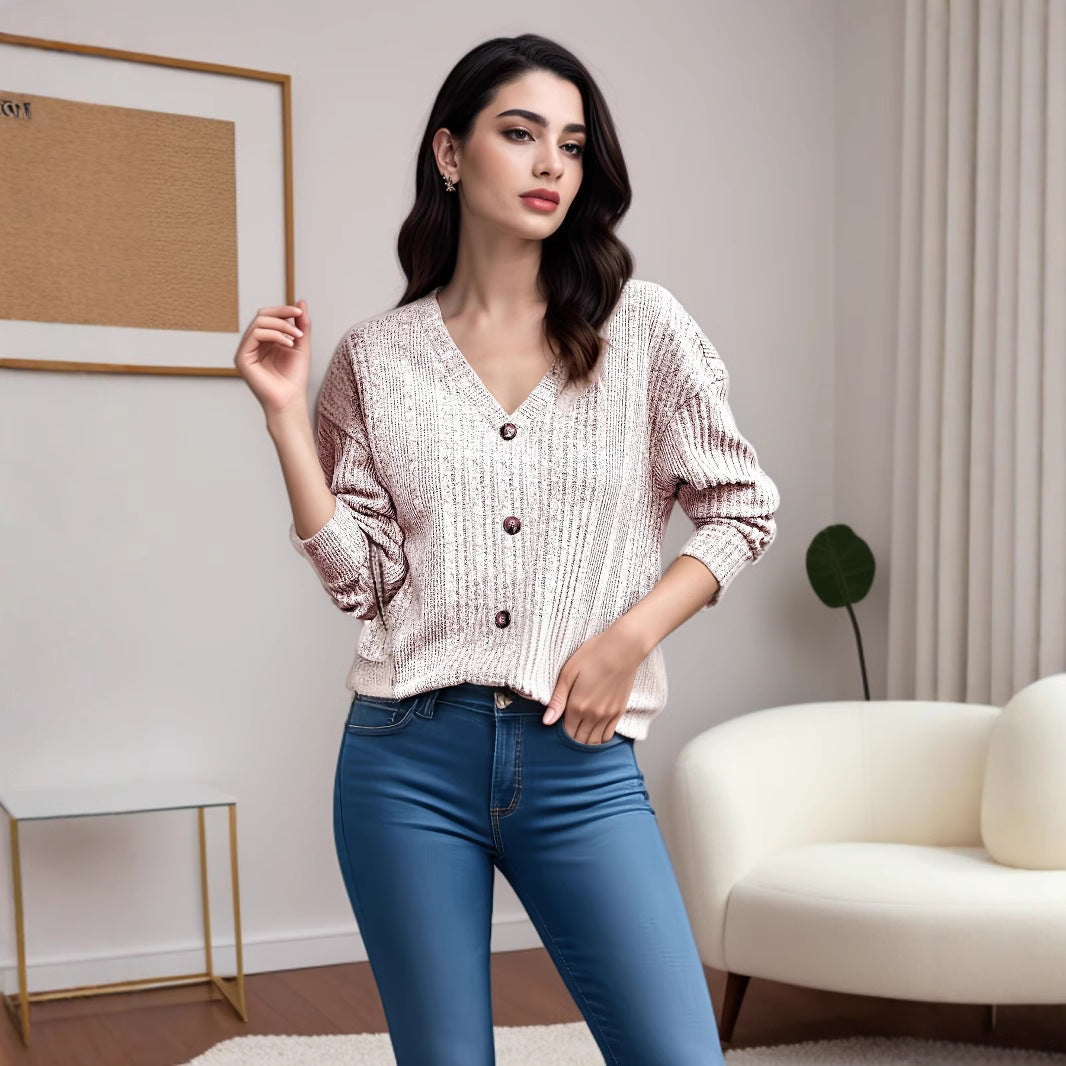 2025 Autumn/Winter New Knitted Button Sweater Casual Long Sleeve Loose Top Women's T-Shirt