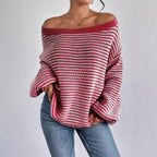 One-word collar contrasting striped knitted sweater