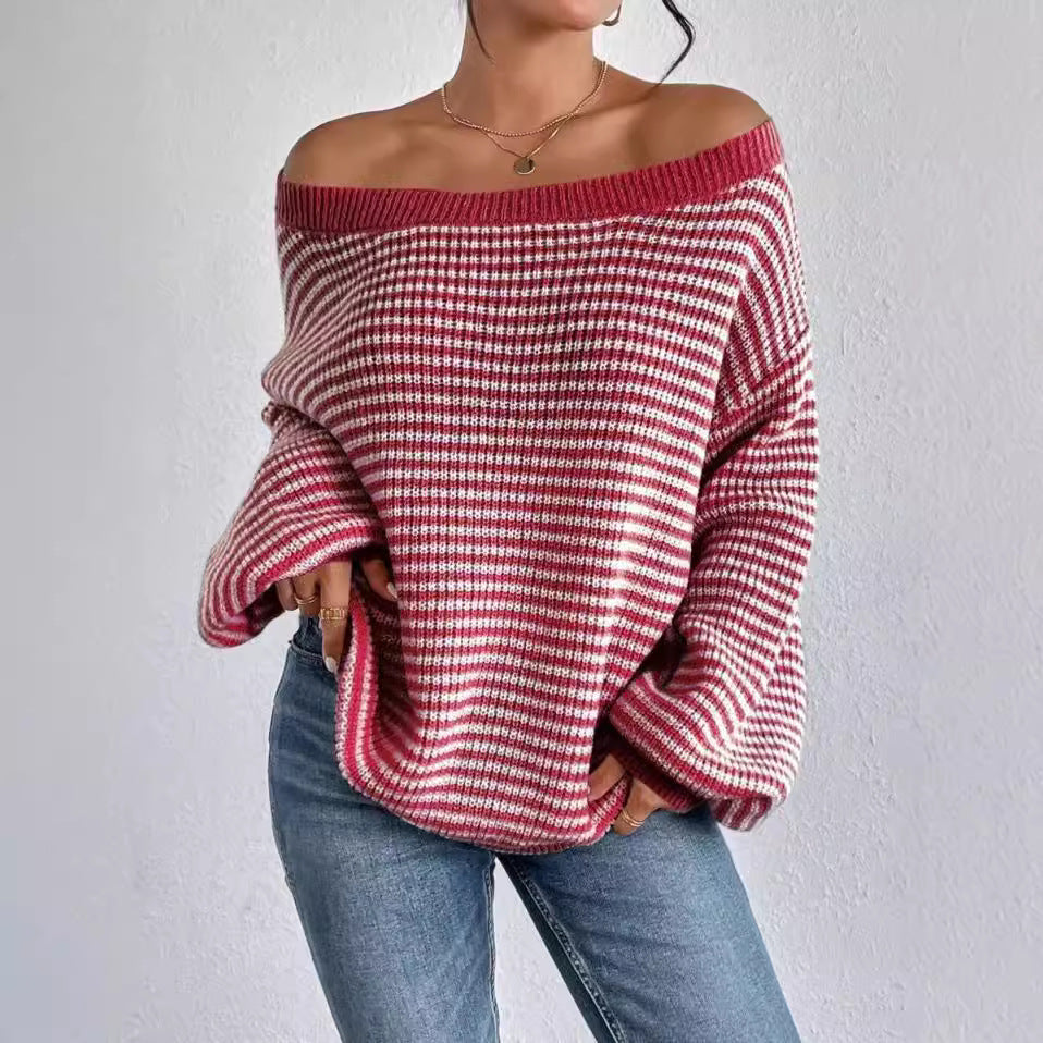 One-word collar contrasting striped knitted sweater