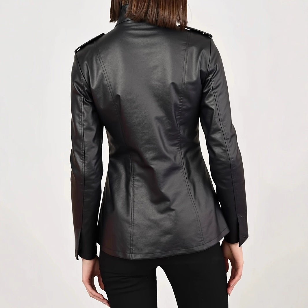 Stand-up collar long-sleeved leather jacket