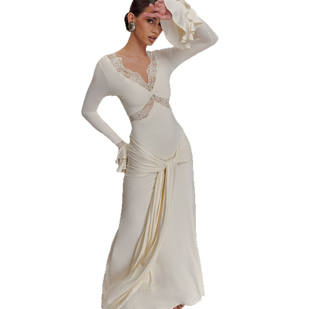 V-neck lace see-through slim-fit dress