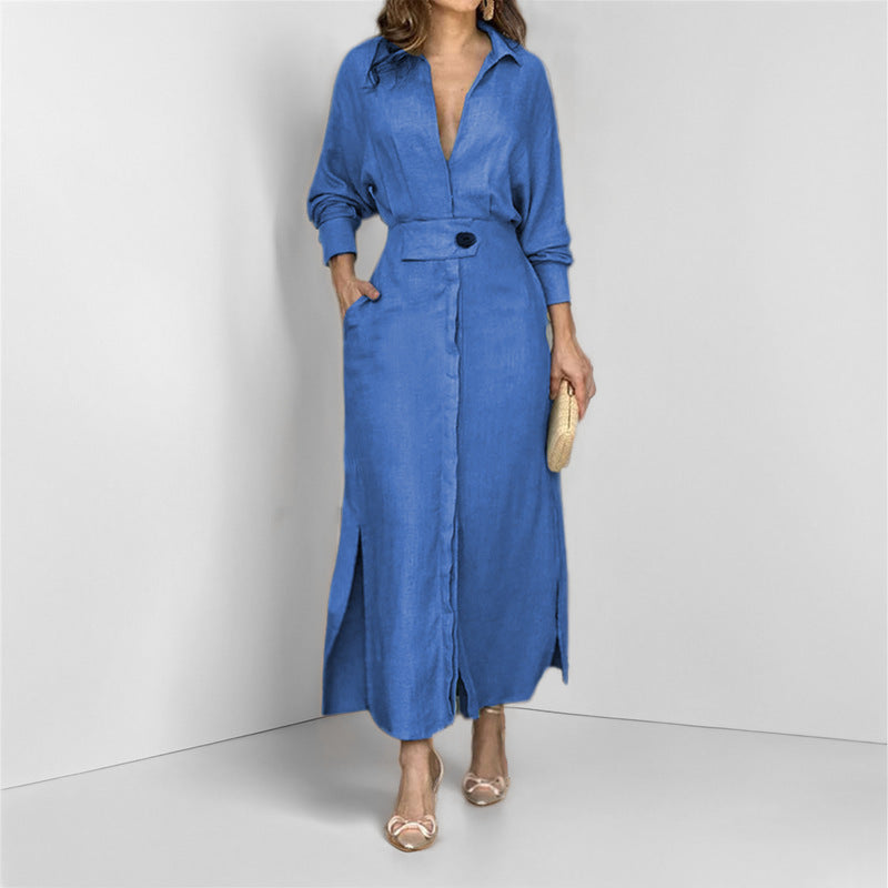 Solid color waist long-sleeved irregular shirt European and American dress