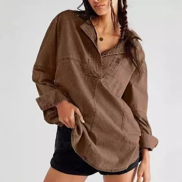 Women's Slim-Fit Denim Shacket (Shirt Jacket) - Lapel Long Sleeve Oversized Coat