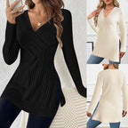 Long sleeved solid color V-neck casual home pit strip top