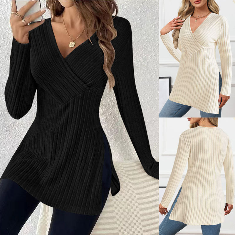 Long sleeved solid color V-neck casual home pit strip top