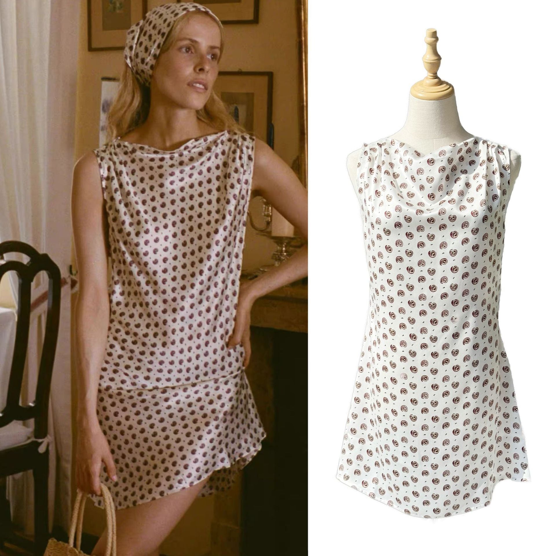 Coffee bean print loose satin dress