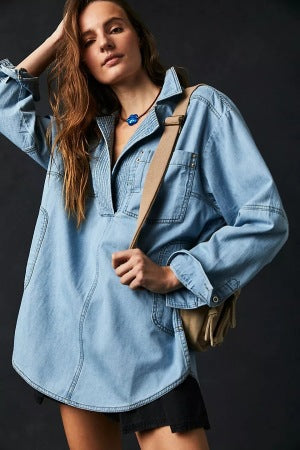 Women's Slim-Fit Denim Shacket (Shirt Jacket) - Lapel Long Sleeve Oversized Coat