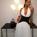 Pleated deep V-neck neck long dress