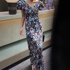 French V-neck silk print dress