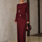 Burgundy Long Dress Metal Accessories Slim Fit Dress