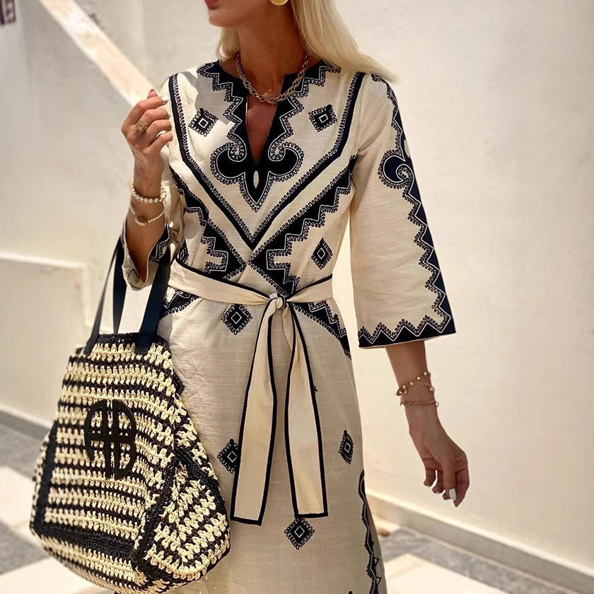 Printed belt hemp dress