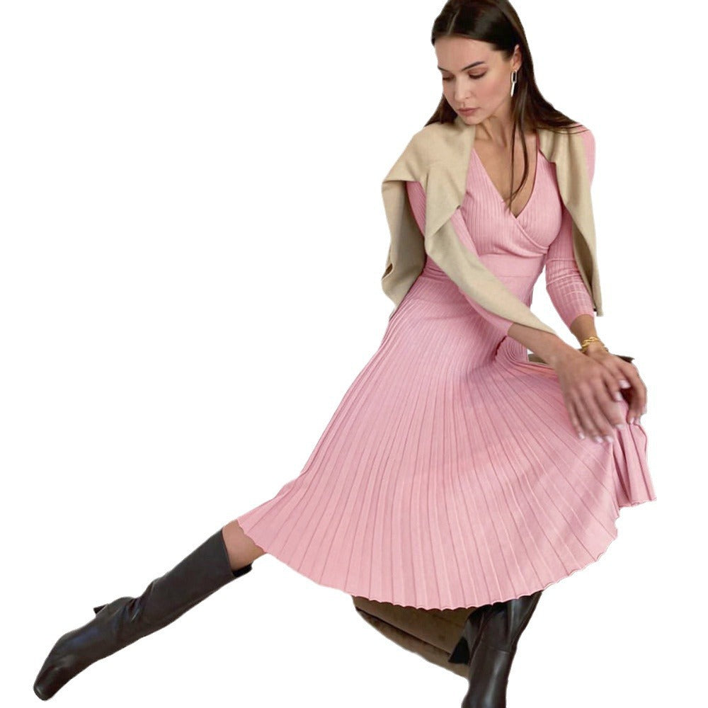 Long Sleeve V-Neck Breast Wrap Medium and Long Knitted Pleated Dress Bottom Dress