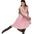 Long Sleeve V Neck Breast Wrap Medium and Long Knitted Pleated Dress Bottom Dress