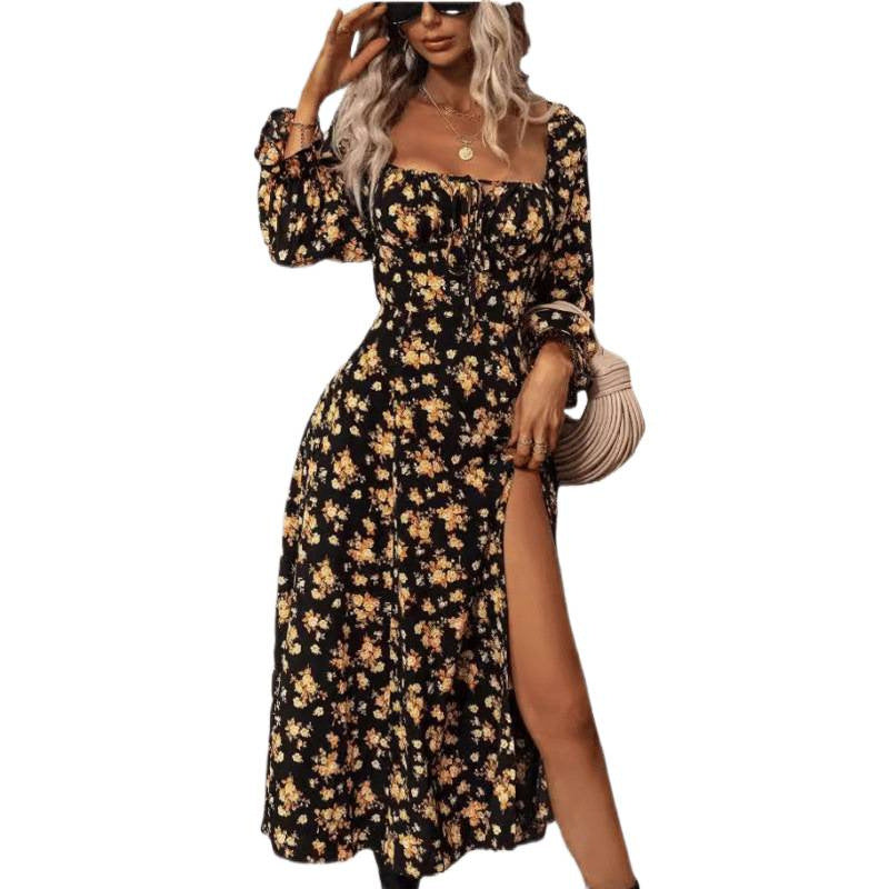 Printed long-sleeved square neckline dress with slit