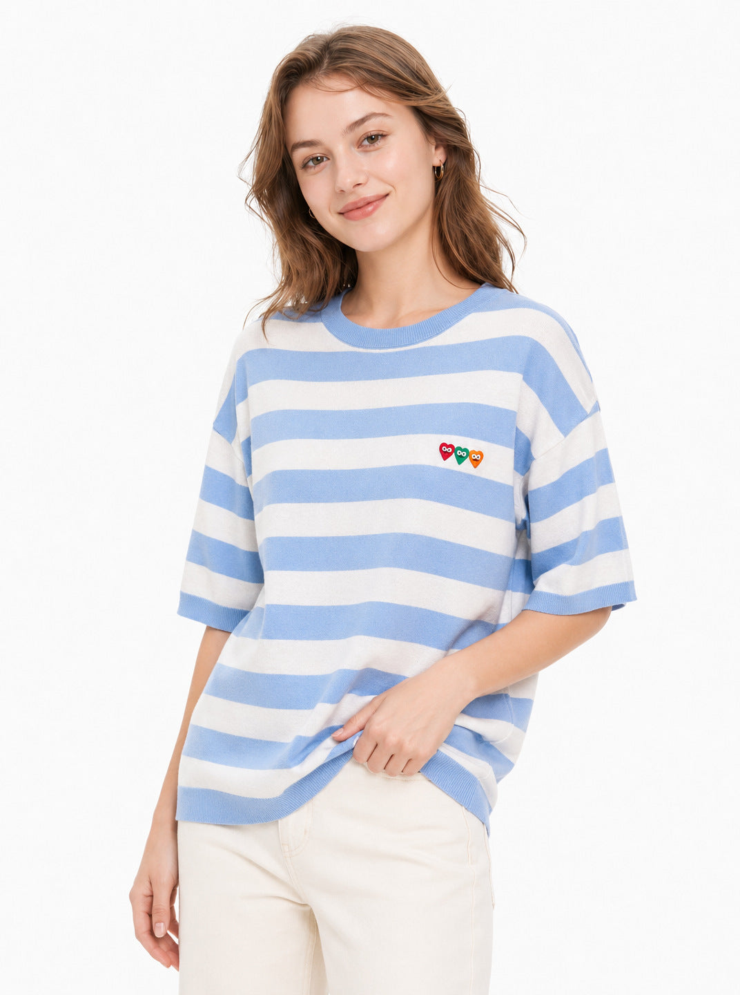 Crew neck striped short-sleeved knitted sweater