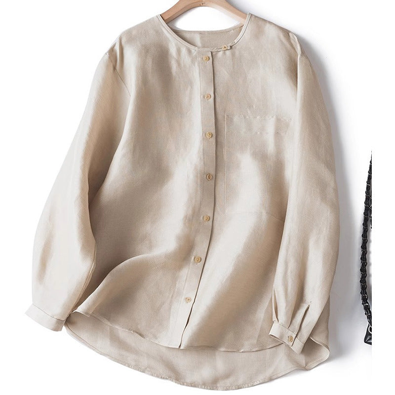 Flax mulberry silk round neck long sleeve shirt